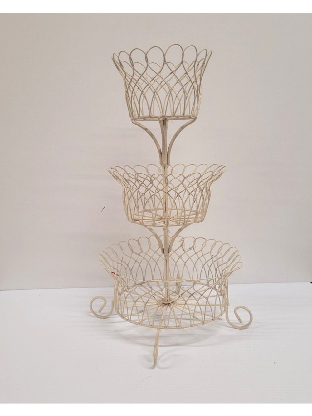 1940s French Style 3-Tier Wire Fruit Egg Basket Metal Cream Color Finish 18''